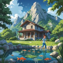 Source of cross stitch pattern: Rumah dan kolam ikan berserta anak di bawah gunung